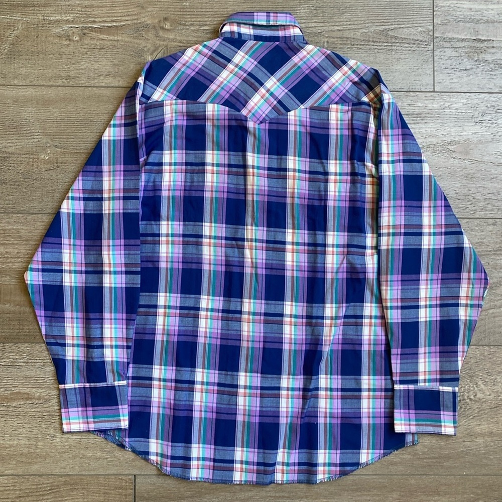 Vintage Mens Wrangler Blue Purple Plaid Casual Western Button Down Shirt 16-16.5 - Picture 4 of 4